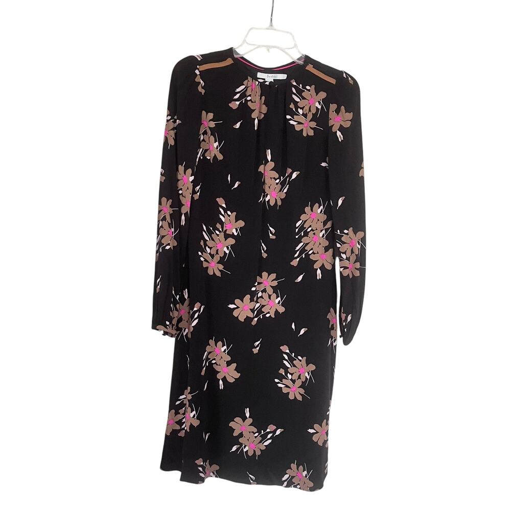 Boden Mara Black Floral Print Long Sleeve Shift Knee Length Dress Size 6L